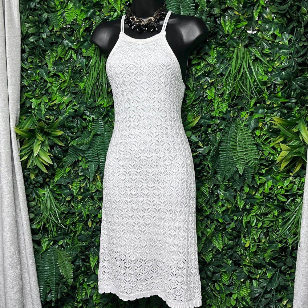 Freshman 1996 Dress Small White Crochet Knit High Neck‎ Midi Vacation 3559